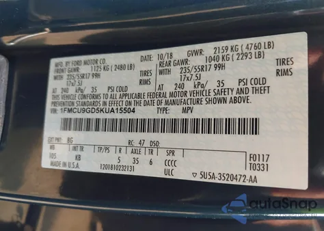 2019 Ford Escape Se z USA, uszkodzony, nr VIN 1FMCU9GD5KUA15504